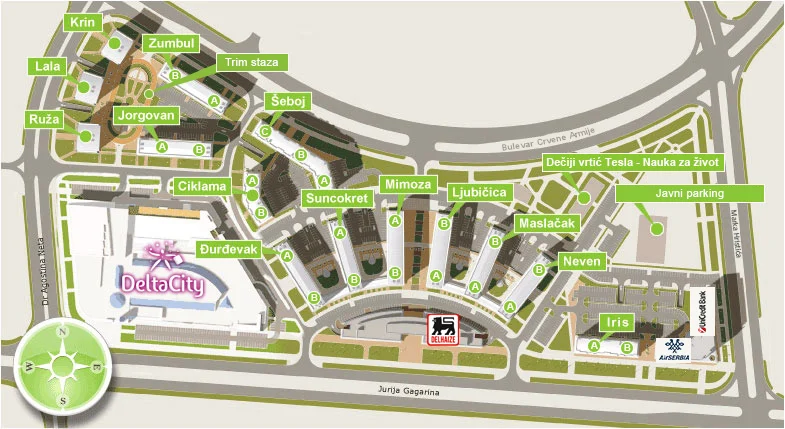 Mapa naselja Belville — raspored i nazivi zgrada, Delta City, trim staza i javni parking